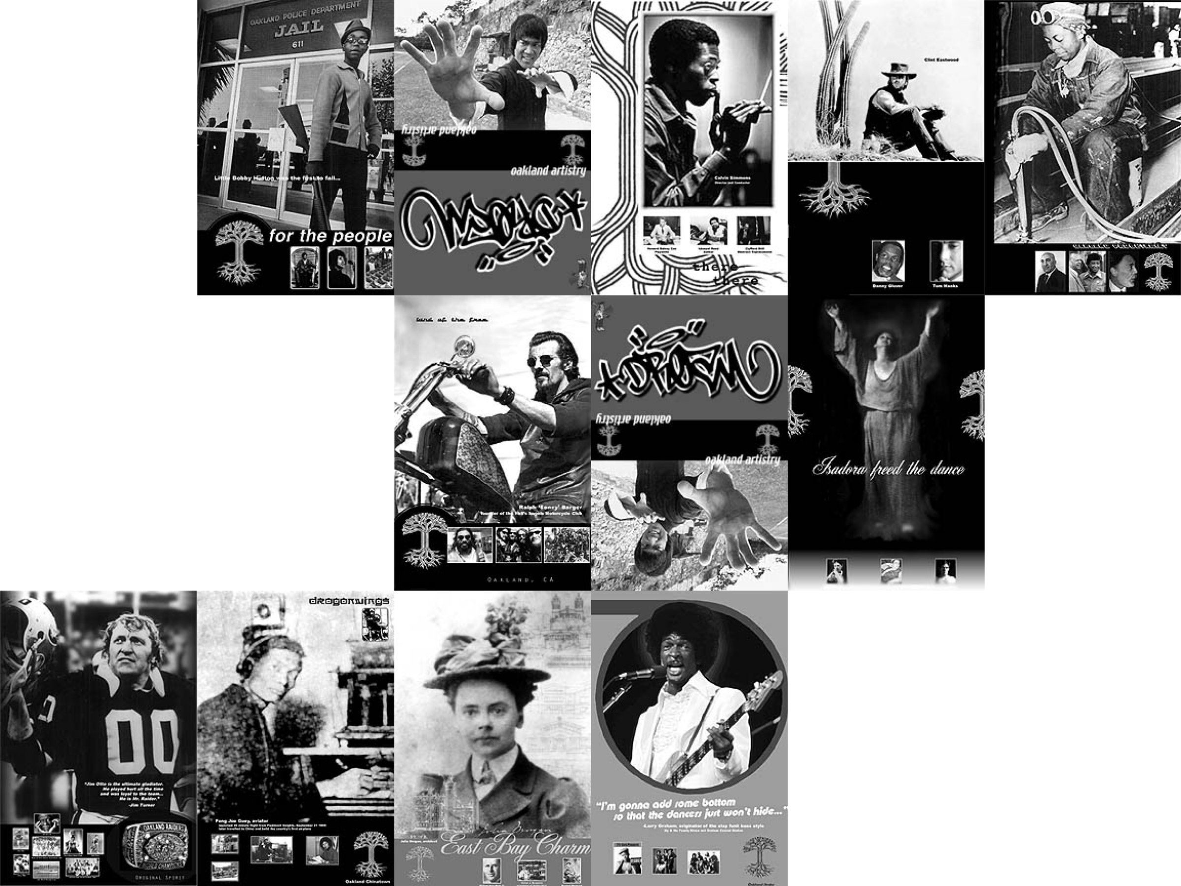 twelve black and white posters of famous locals